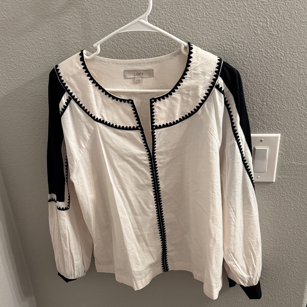 LOFT Black and White Embroidered Blouse